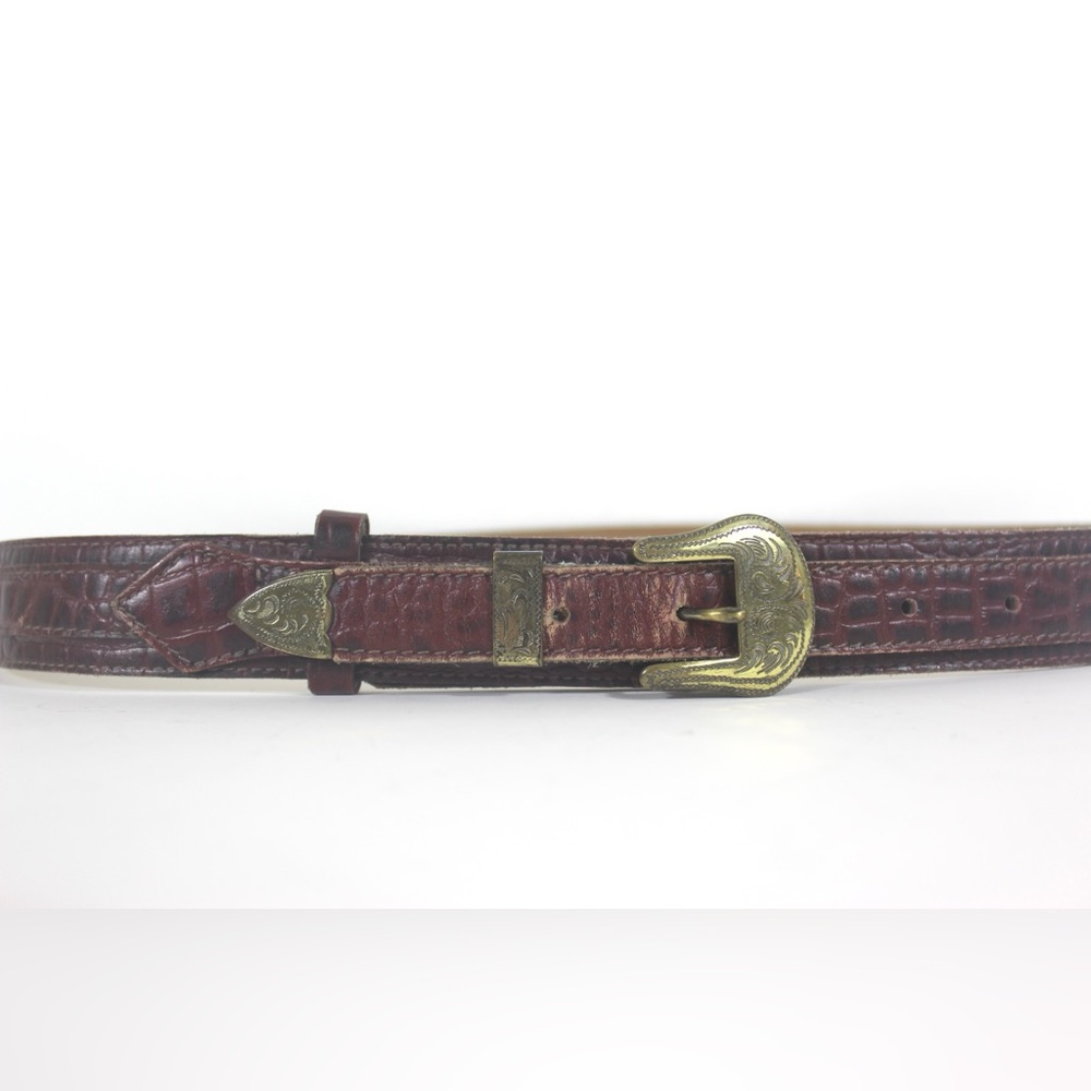 Red Brown Croc Embossed Western Distressed Leather Belt with Gold Metal Buckle